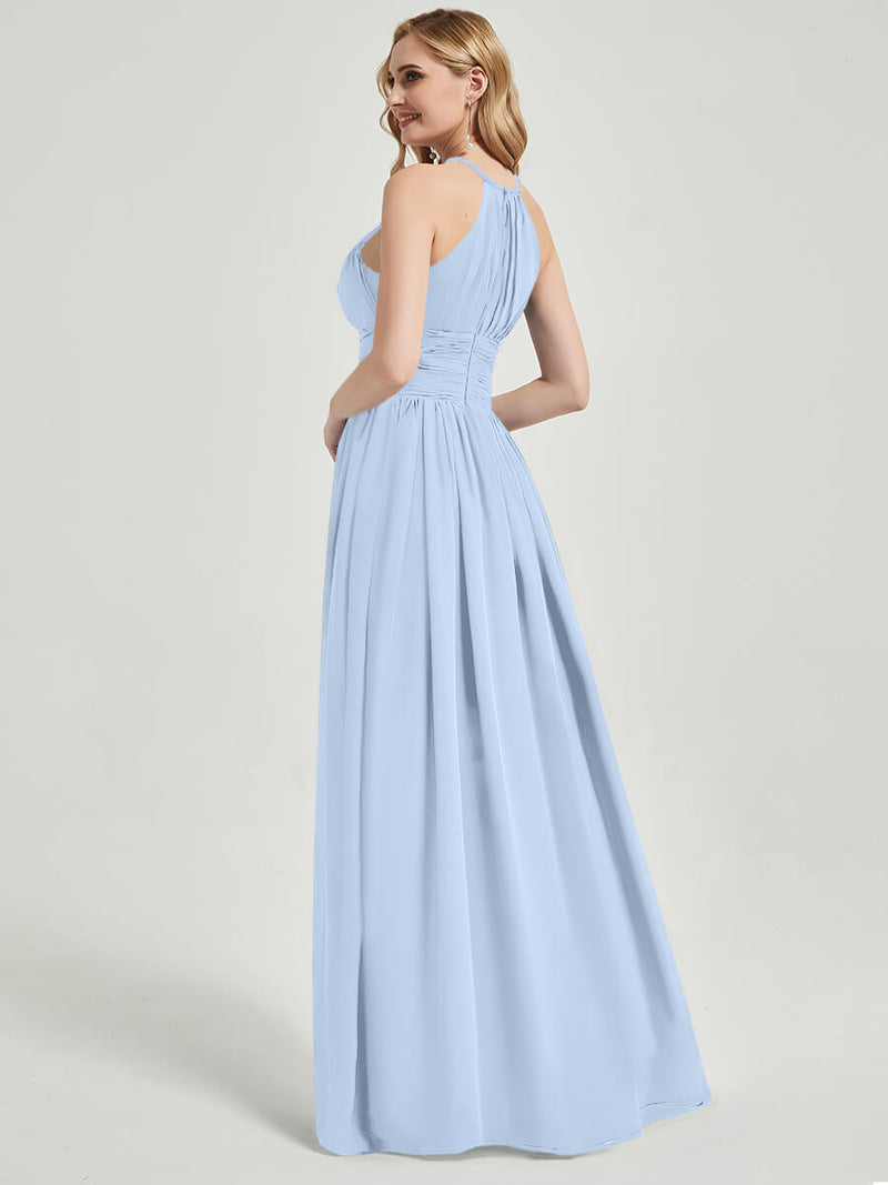 Cornflower Blue Pleated Halter Neck Sleeveless Chiffon Bridesmaid Dress