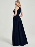 Dark Navy Pleated Halter Neck Sleeveless Maxi Chiffon Bridesmaid Dress