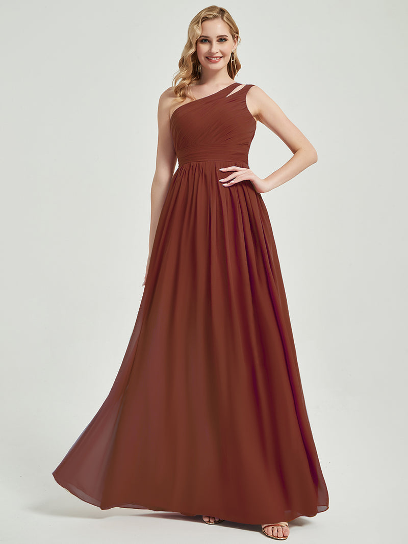 Mabel Cinnamon Rose floor-length chiffon with narrow waist bridesmaid dress