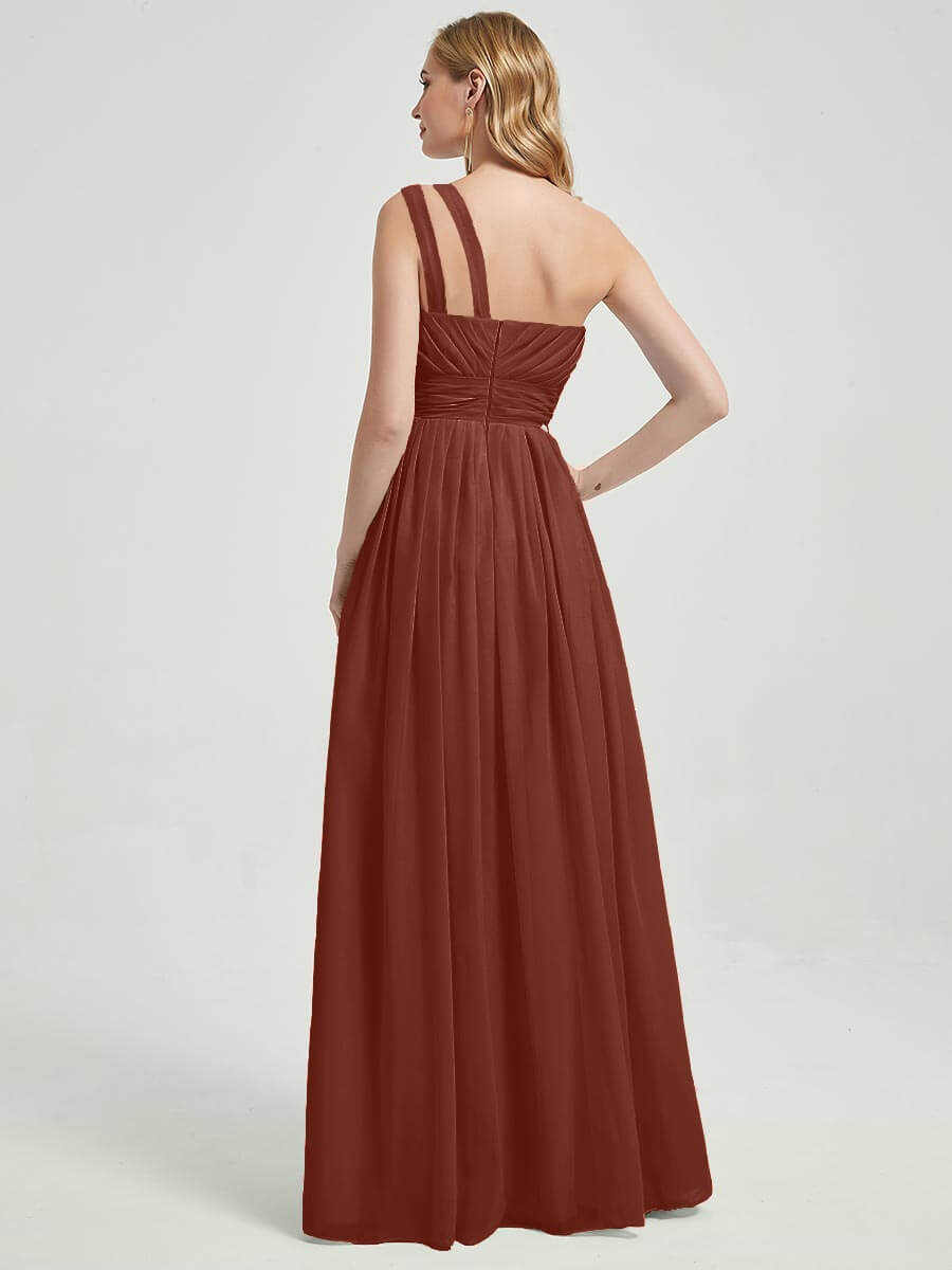 Mabel Cinnamon Rose floor-length chiffon with narrow waist bridesmaid dress