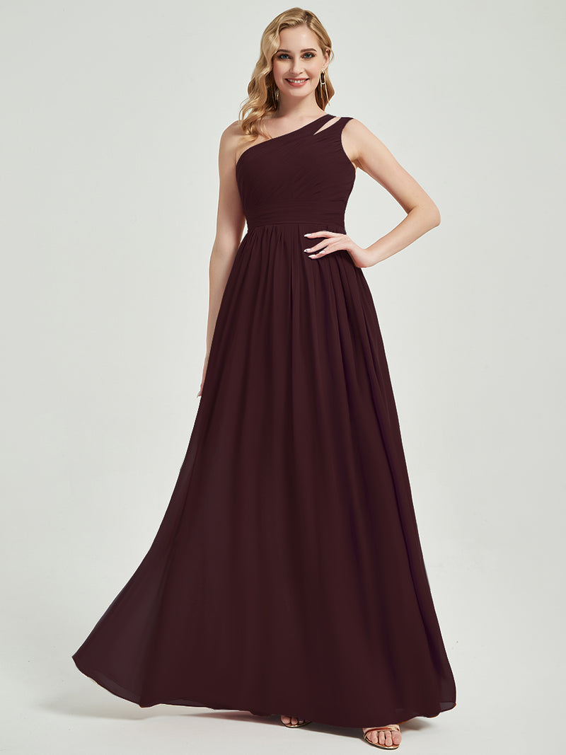 Mabel cabernet floor-length chiffon with narrow waist bridesmaid dress