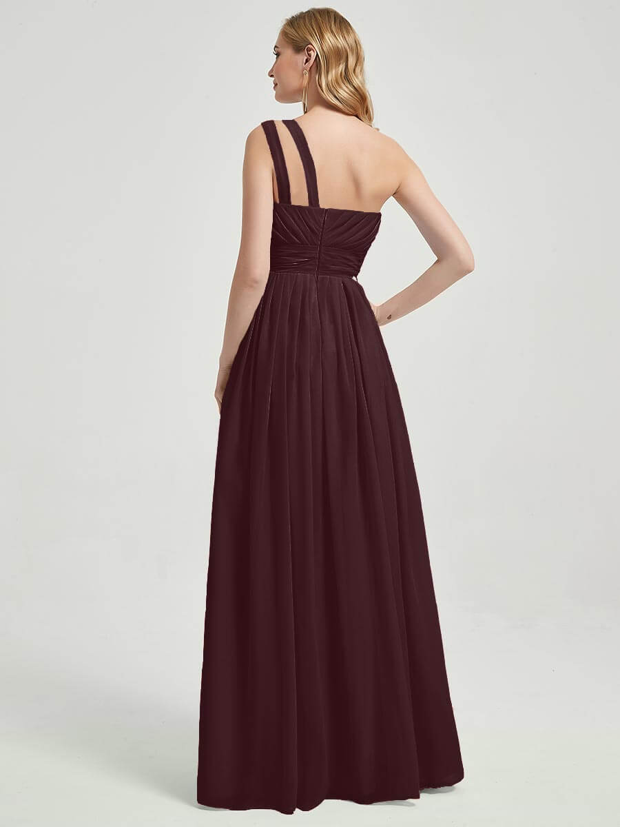 Mabel cabernet floor-length chiffon with narrow waist bridesmaid dress