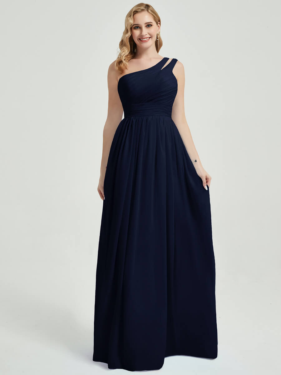 Mabel Dark Navy floor-length chiffon with narrow waist bridesmaid dress