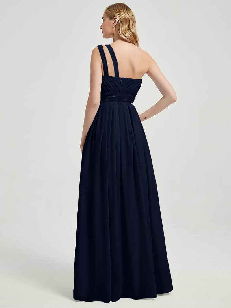 Dark Navy Pleated One Shoulder Floor Length Chiffon Bridesmaid Dress