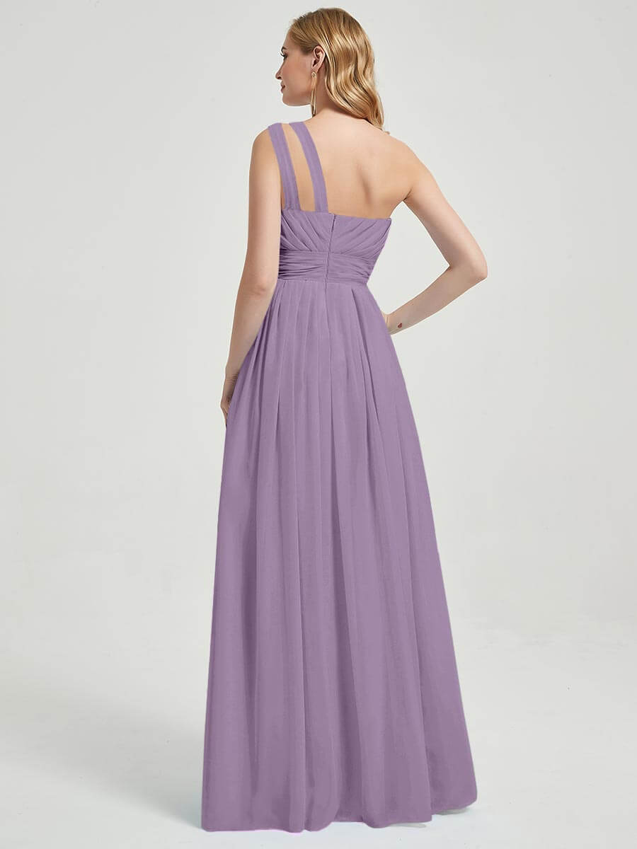 Mabel dusty purple floor-length chiffon with narrow waist bridesmaid dress