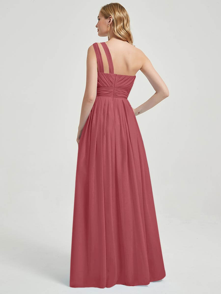 Mabel desert rose floor-length chiffon with narrow waist bridesmaid dress