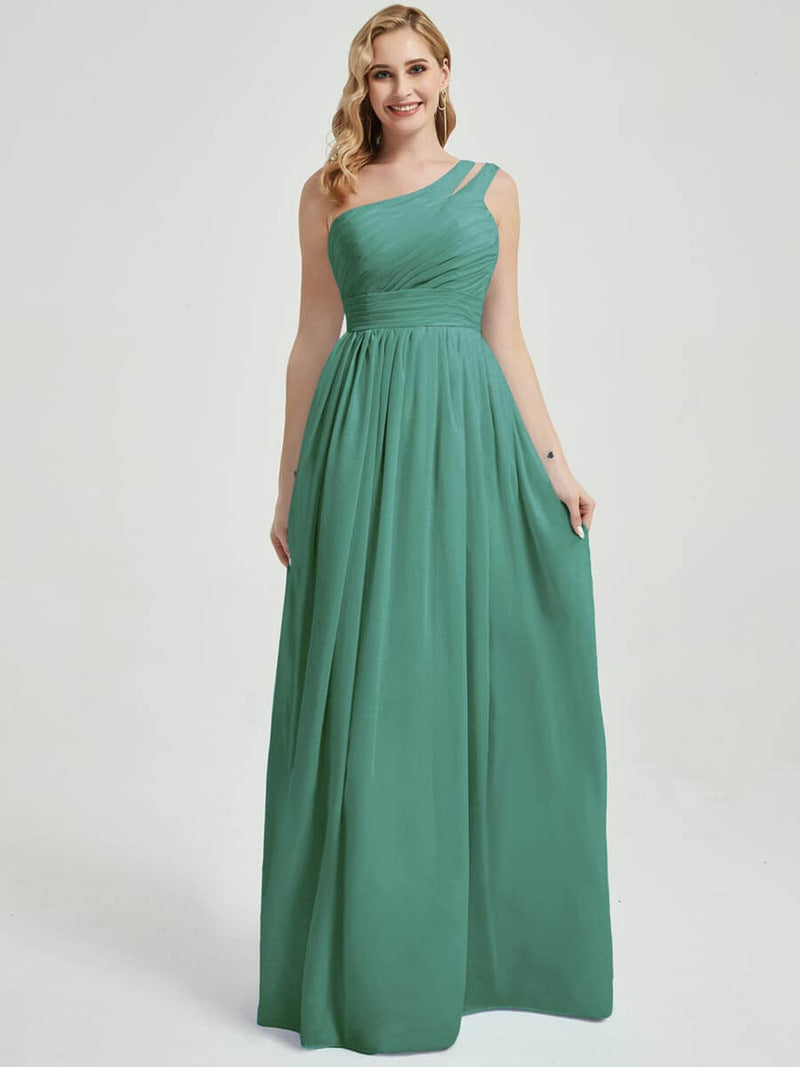 Eucalyptus Pleated One Shoulder A-Line Maxi Chiffon Bridesmaid Dress NZ Bridal Eucalyptus Pleated One Shoulder A-Line Maxi Chiffon Bridesmaid Dress NZ Bridal