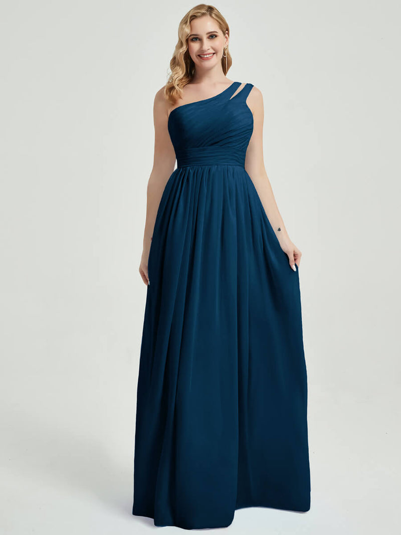 Mabel ink blue floor-length chiffon with narrow waist bridesmaid dress