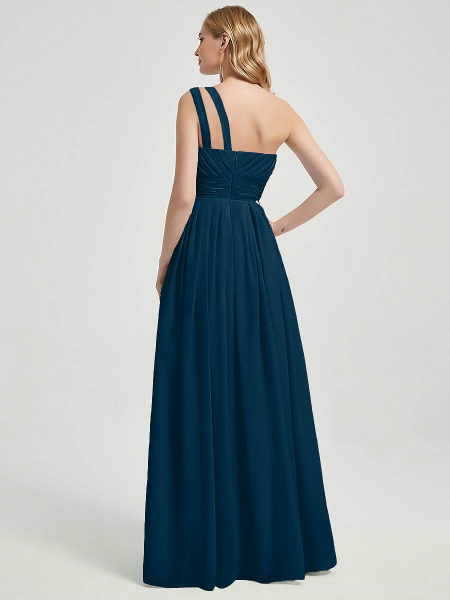 Mabel ink blue floor-length chiffon with narrow waist bridesmaid dress