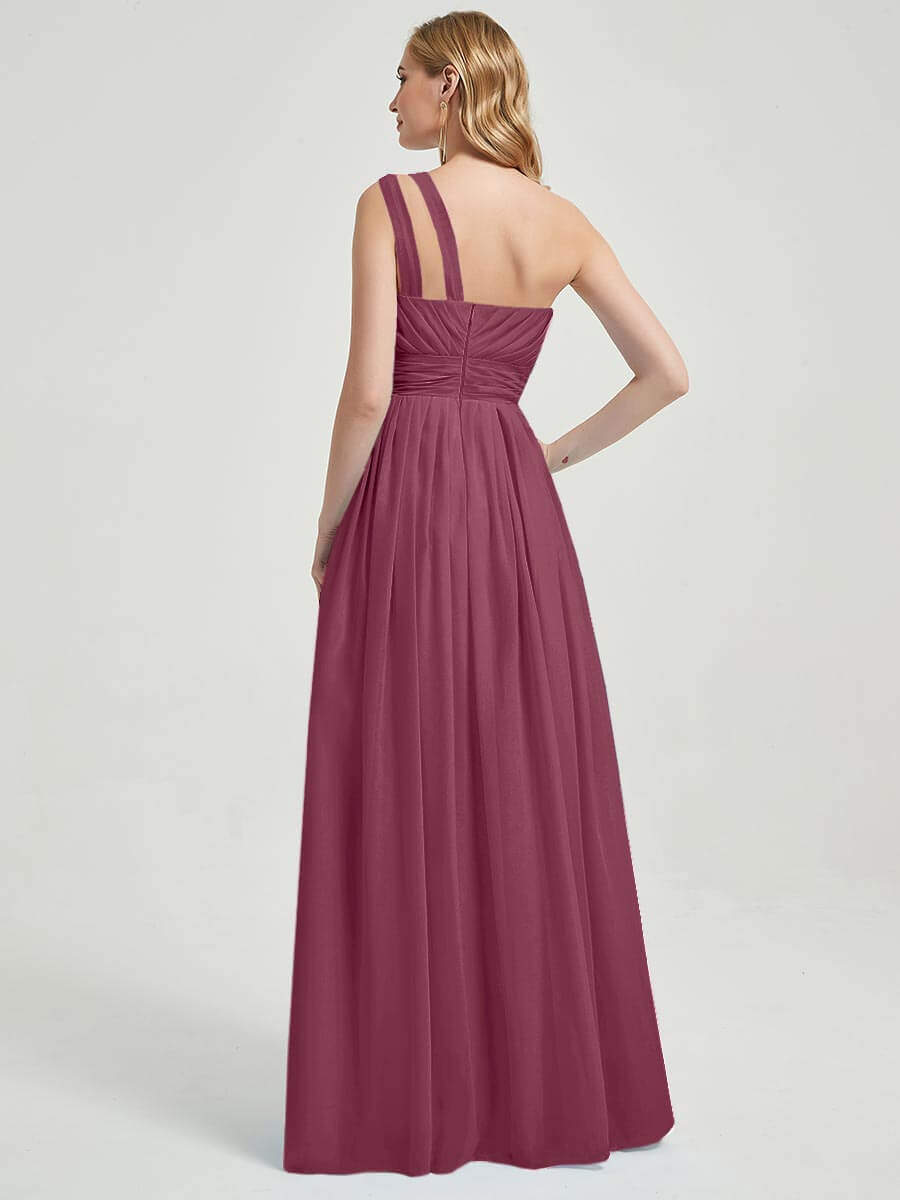 Mabel mulberry rose floor-length chiffon with narrow waist bridesmaid dress