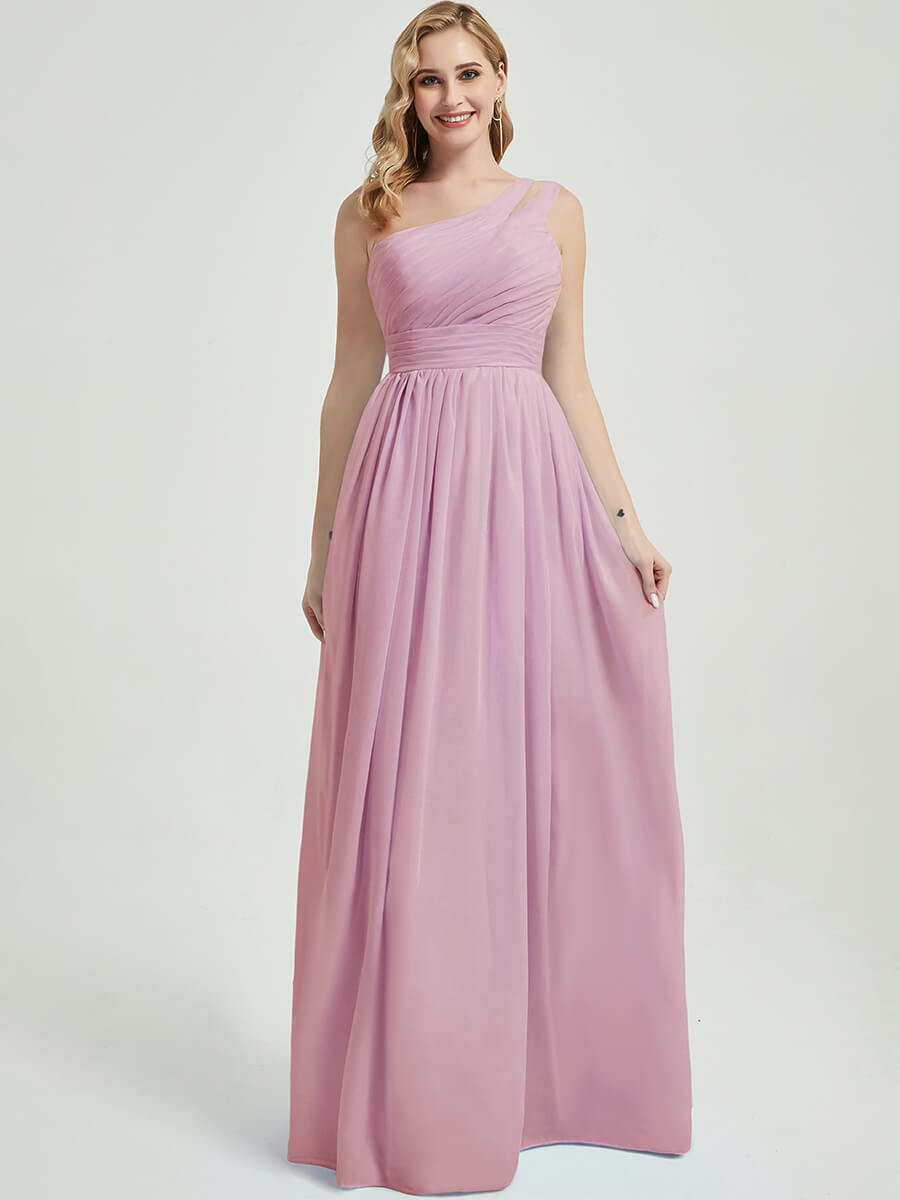 Mabel mauve rose floor-length chiffon with narrow waist bridesmaid dress