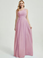 Mabel mauve rose floor-length chiffon with narrow waist bridesmaid dress
