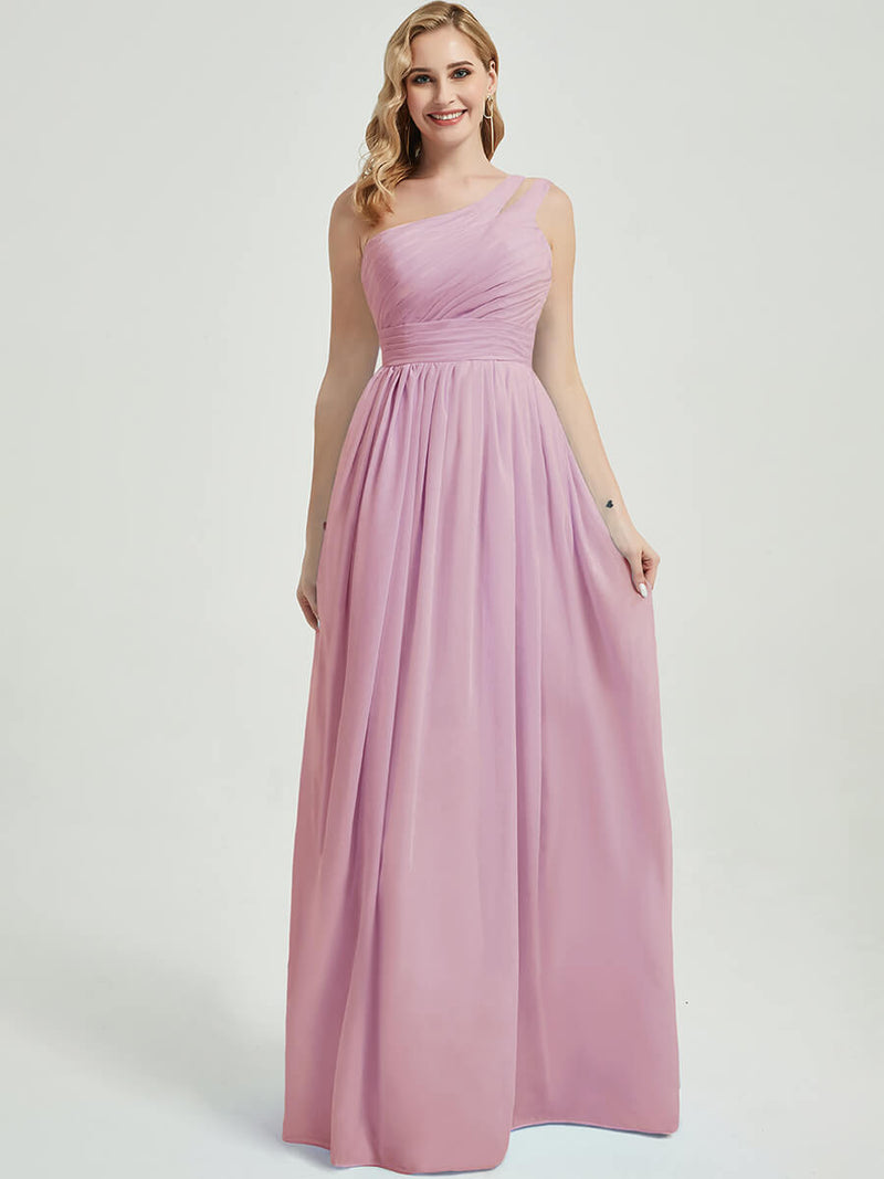 Mabel mauve rose floor-length chiffon with narrow waist bridesmaid dress
