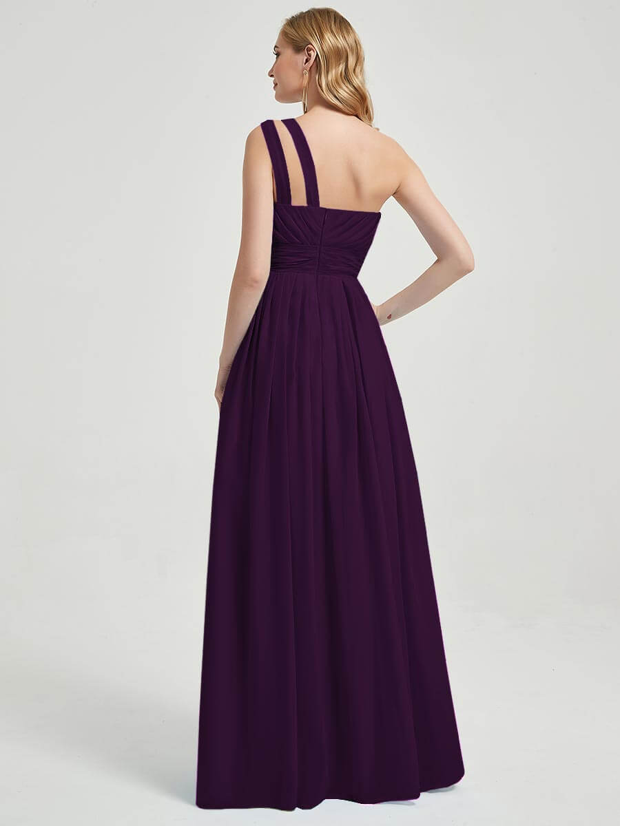 Mabel Plum rose floor-length chiffon with narrow waist bridesmaid dress