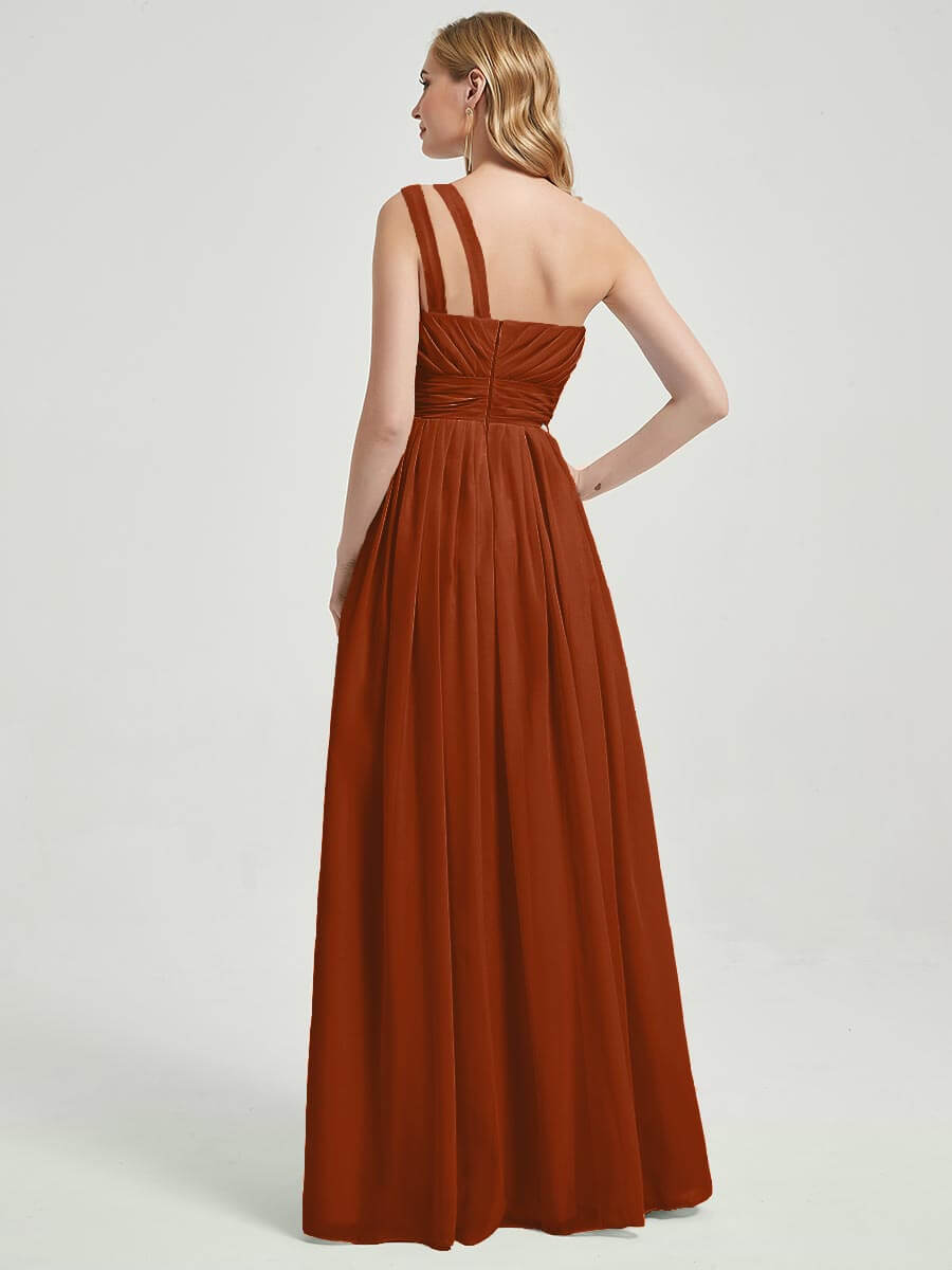 Mabel burgundy floor-length chiffon with narrow waist bridesmaid dress