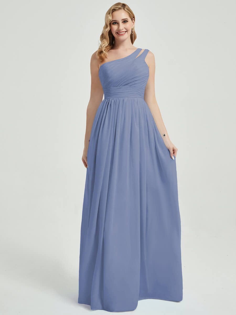 Mabel Slate Blue floor-length chiffon with narrow waist bridesmaid dress