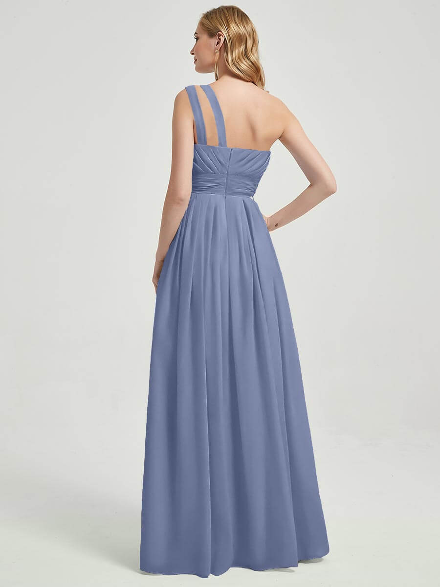 Mabel Slate Blue floor-length chiffon with narrow waist bridesmaid dress