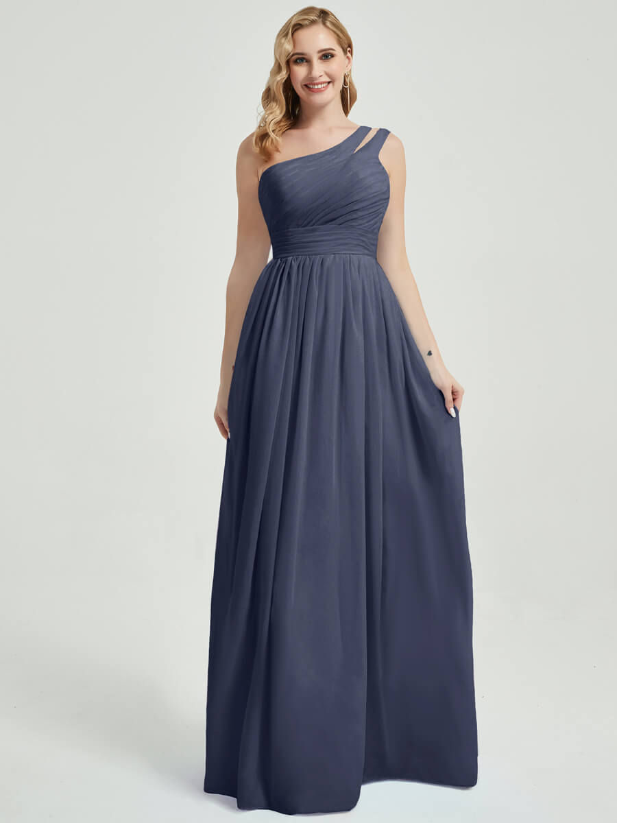 Mabel Stormy floor-length chiffon with narrow waist bridesmaid dress