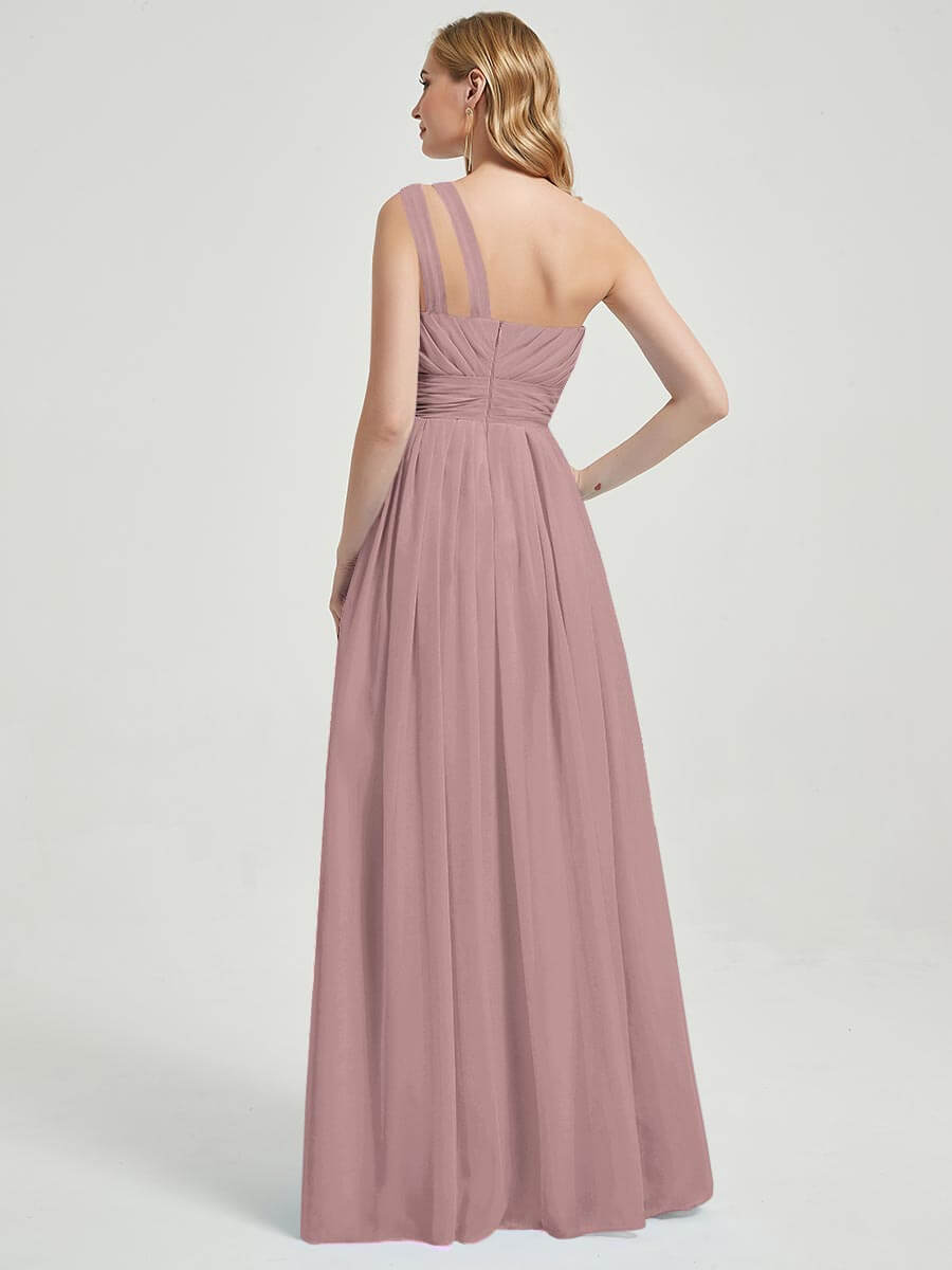 Mabel vintage mauve rose floor-length chiffon with narrow waist bridesmaid dress