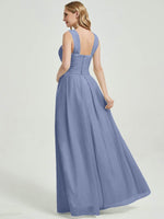 Slate Blue Pleated Chiffon Cross-Neck A-Line Maxi Bridesmaid Dress