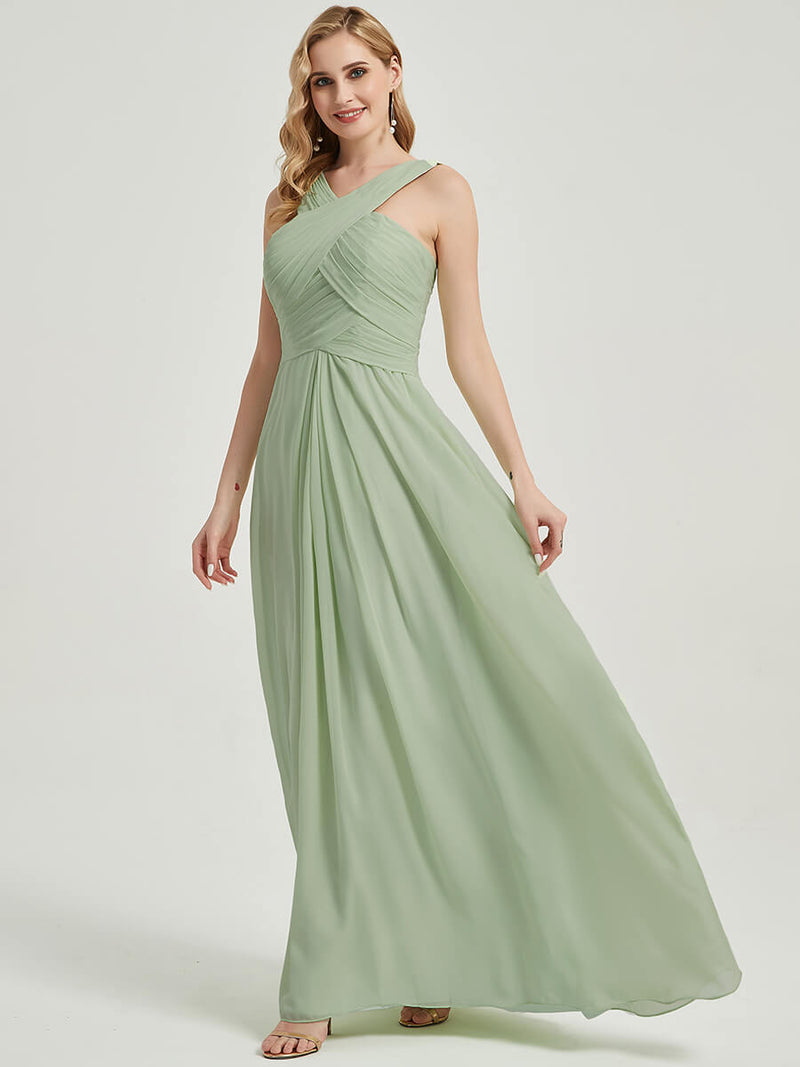 Pale Rose V-Neck Floor Length Dress Pleated Chiffon Bridesmaid Dress