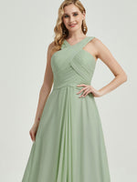 Slate Blue Pleated Chiffon Cross-Neck A-Line Maxi Bridesmaid Dress