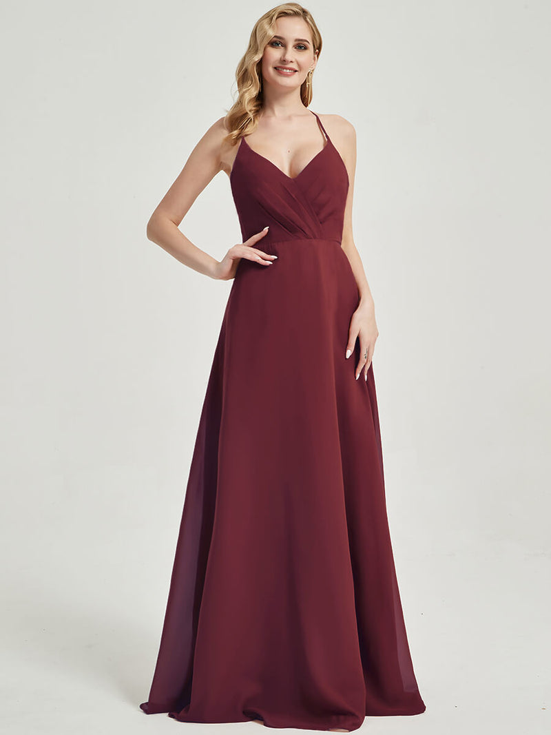 Burgundy V Neckline Pleated Keyhole Back Chiffon Bridesmaid Dress Davis