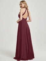 Burgundy V Neckline Pleated Keyhole Back Chiffon Bridesmaid Dress Davis