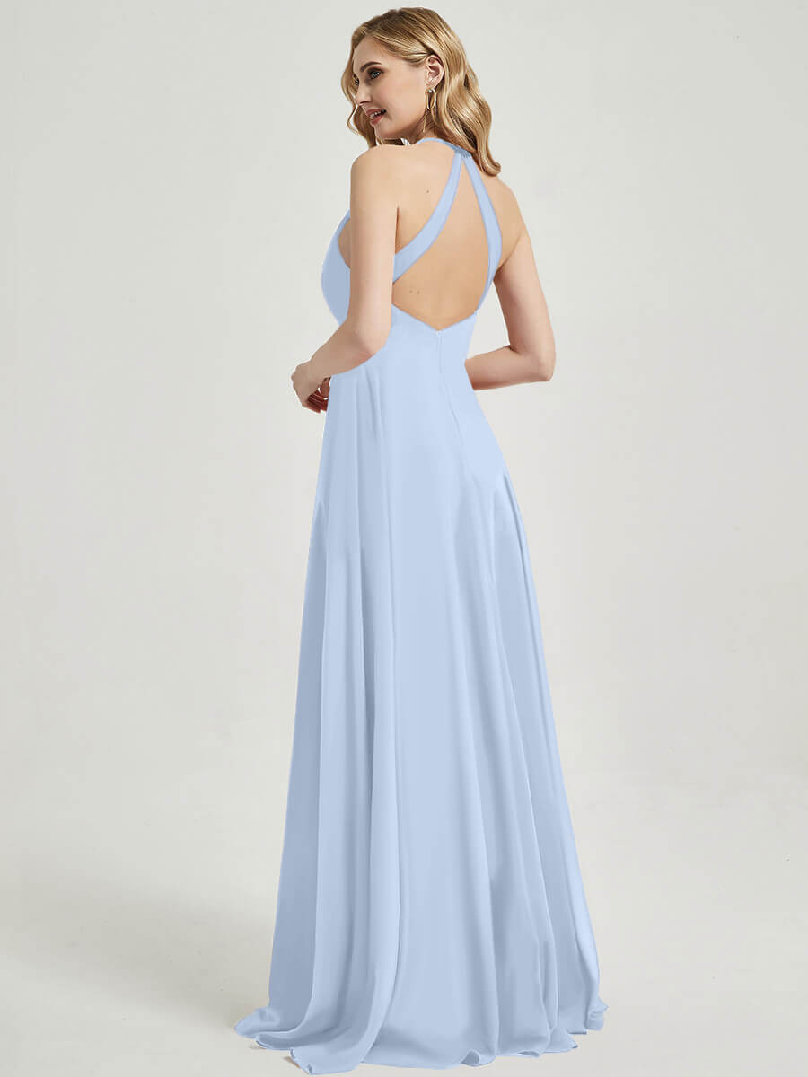 Cornflower Blue V Neckline Pleated Keyhole Back Chiffon Bridesmaid Dress Davis