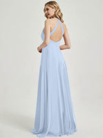 Cornflower Blue Pleated Halter V-Neck Backless Chiffon Bridesmaid Dress