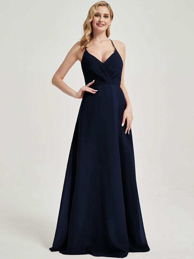 Dark Navy V Neckline Pleated Keyhole Back Chiffon Bridesmaid Dress Davis