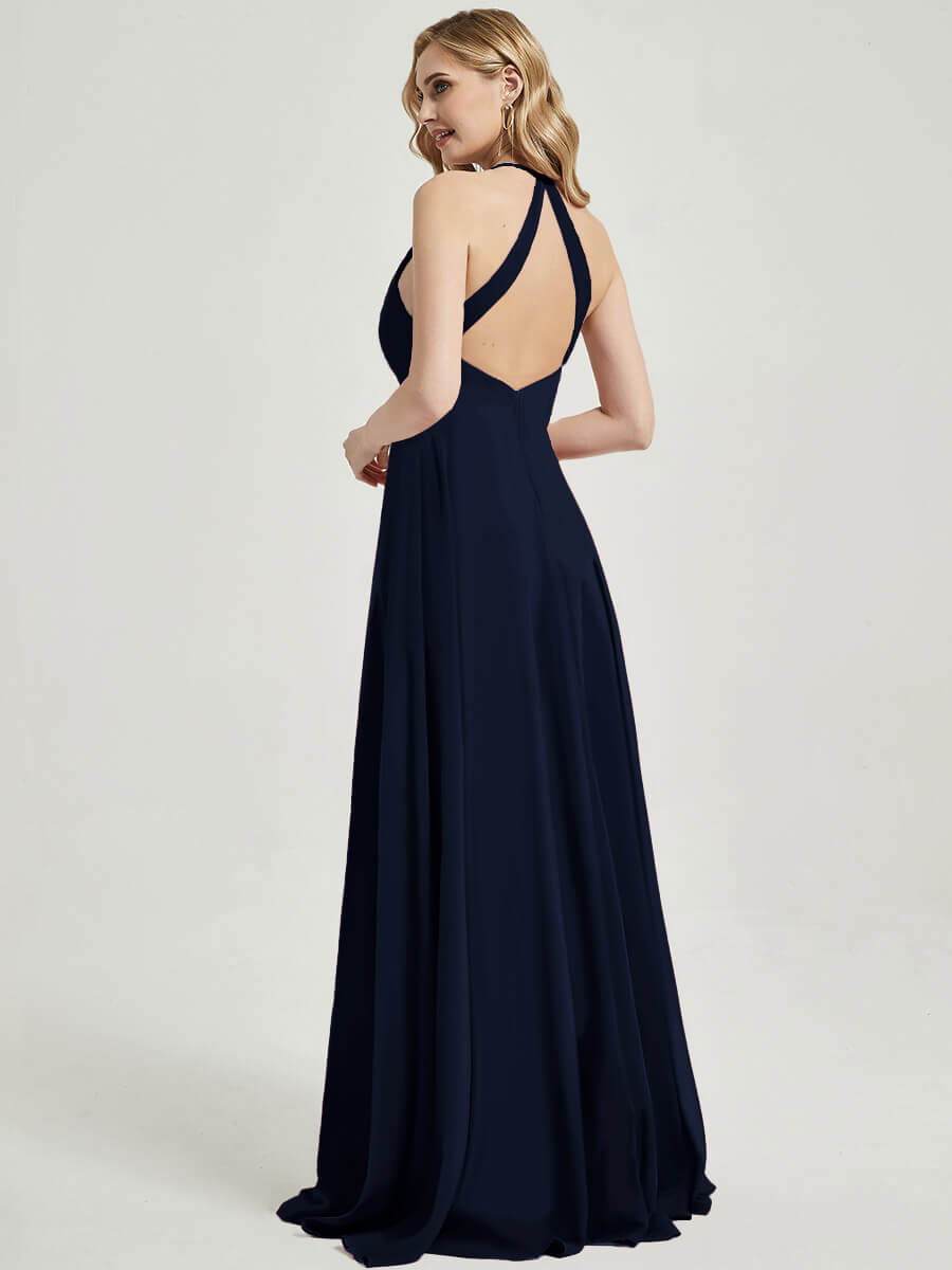 Dark Navy V Neckline Pleated Keyhole Back Chiffon Bridesmaid Dress Davis