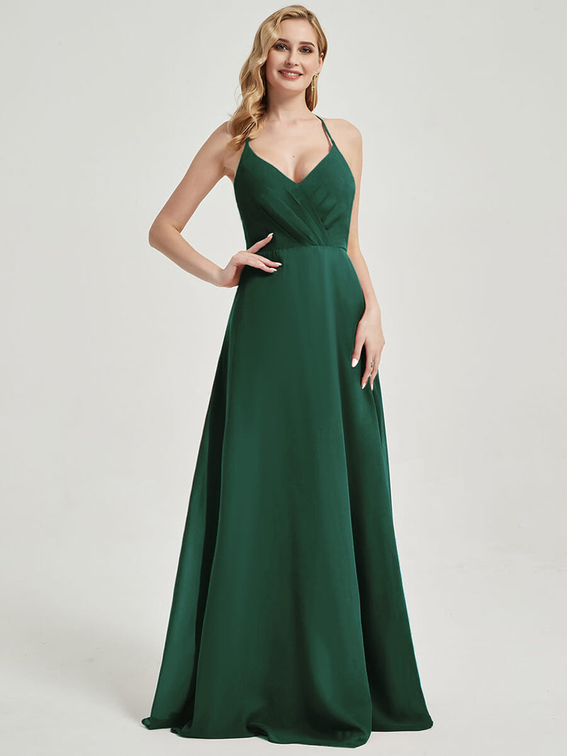 Emerald Green V Neckline Pleated Keyhole Back Chiffon Bridesmaid Dress Davis