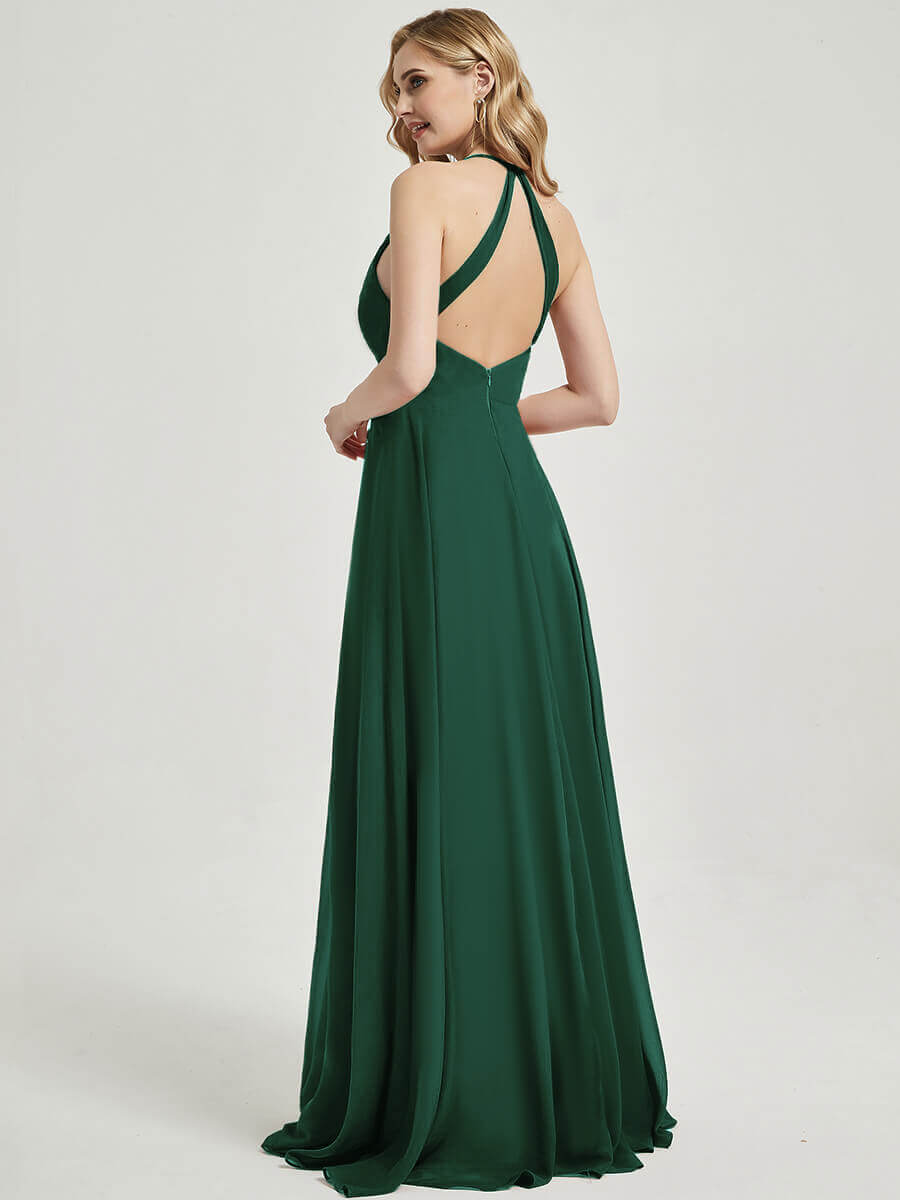 Emerald Green V Neckline Pleated Keyhole Back Chiffon Bridesmaid Dress Davis