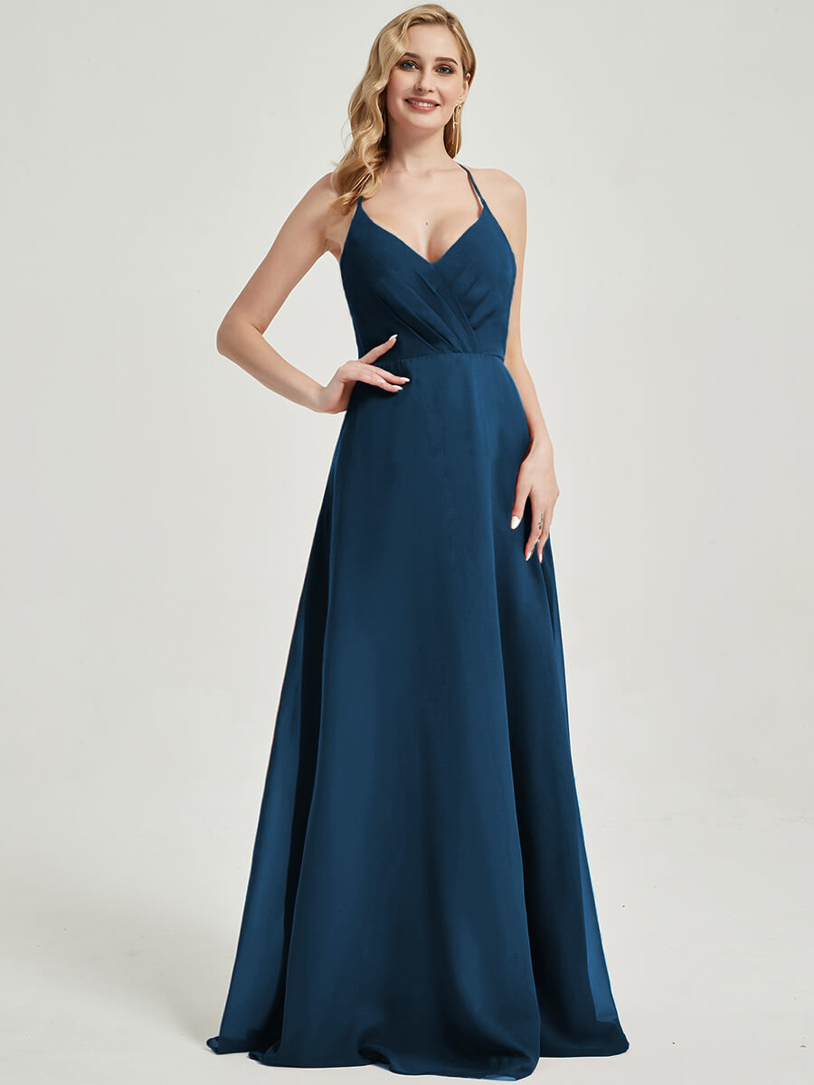 Ink Blue V Neckline Pleated Keyhole Back Chiffon Bridesmaid Dress Davis