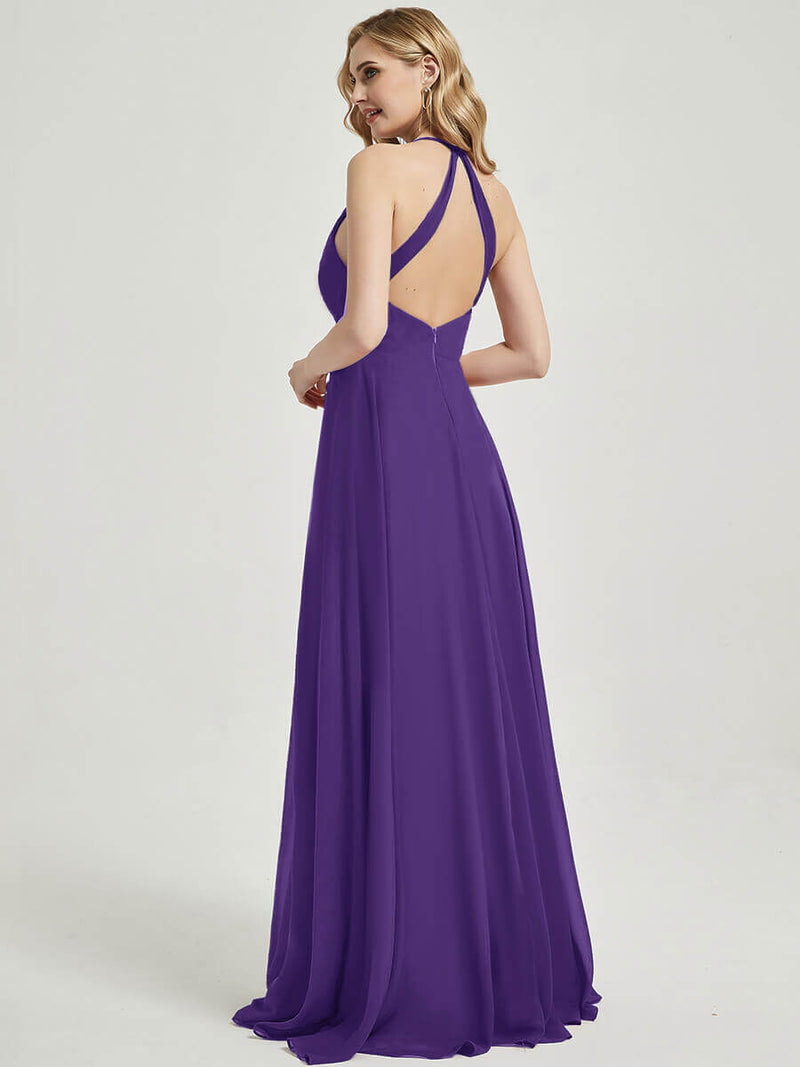 Royal Purple V Neckline Pleated Keyhole Back Chiffon Bridesmaid Dress Davis