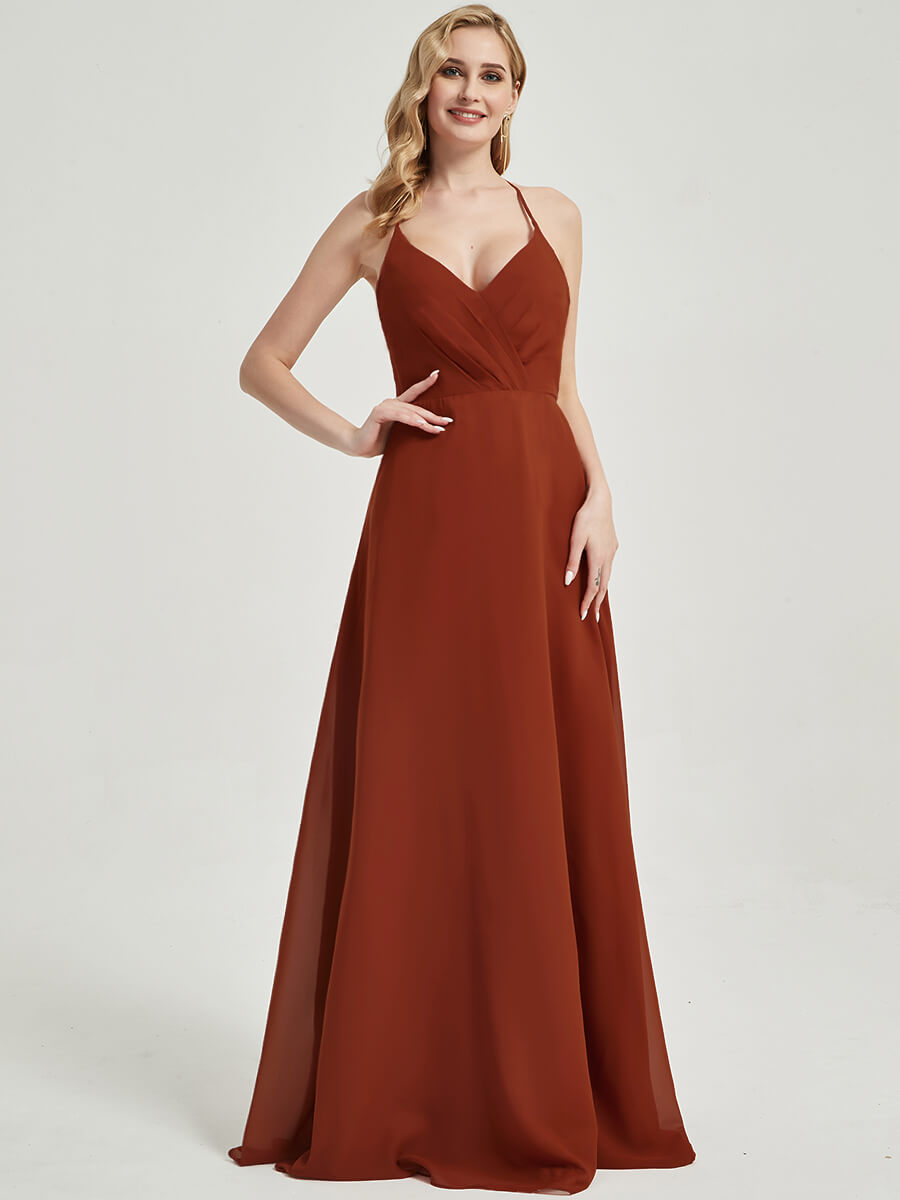 Rusty Red V Neckline Pleated Keyhole Back Chiffon Bridesmaid Dress Davis