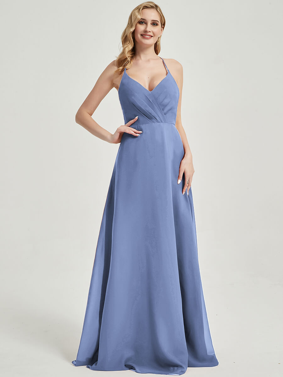 Slate Blue V Neckline Pleated Keyhole Back Chiffon Bridesmaid Dress Davis