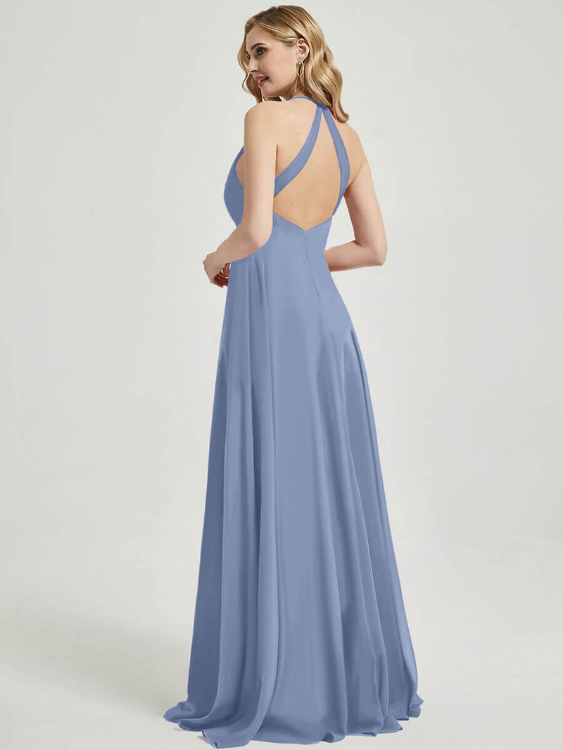 Slate Blue Pleated Halter V-Neck Backless Maxi Chiffon Bridesmaid Dress