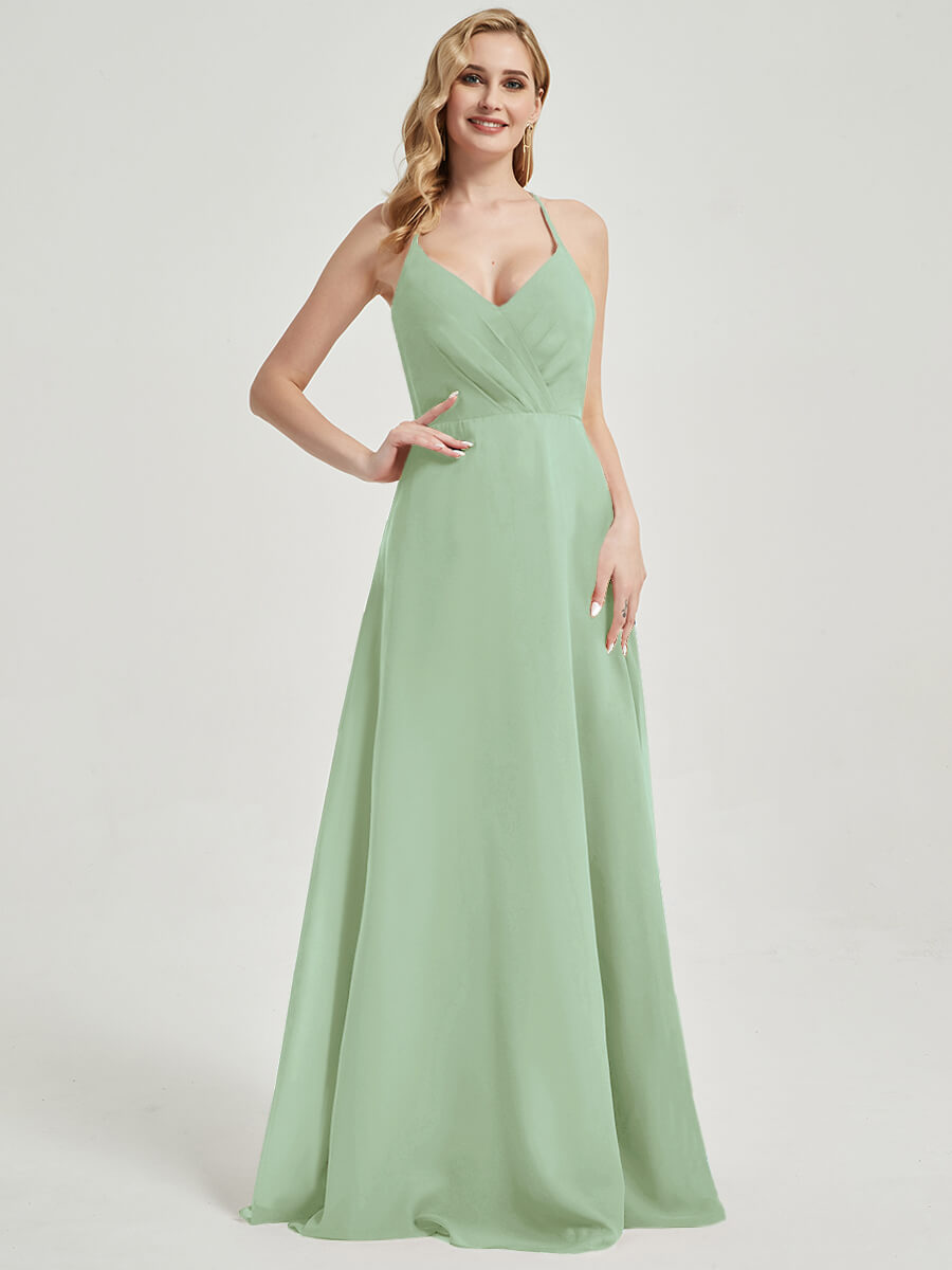 Sage Green V Neckline Pleated Keyhole Back Chiffon Bridesmaid Dress Davis