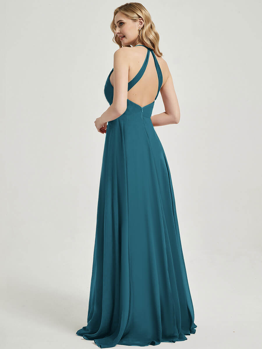 Teal V Neckline Pleated Keyhole Back Chiffon Bridesmaid Dress Davis