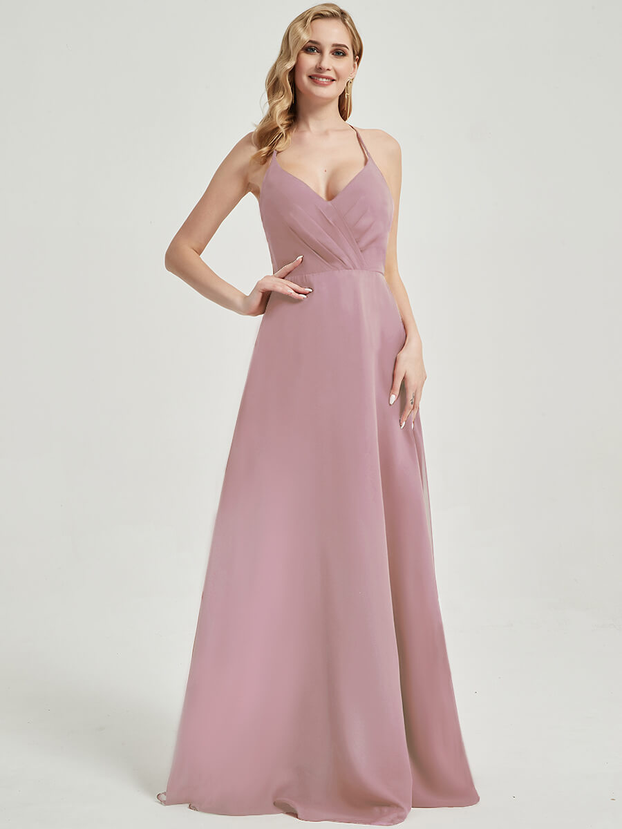 Vintage Mauve V Neckline Pleated Keyhole Back Chiffon Bridesmaid Dress Davis