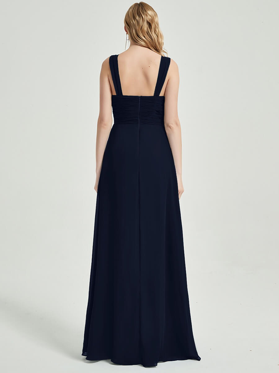 Dark Navy Chiffon Fabric Bridesmaid Dress 