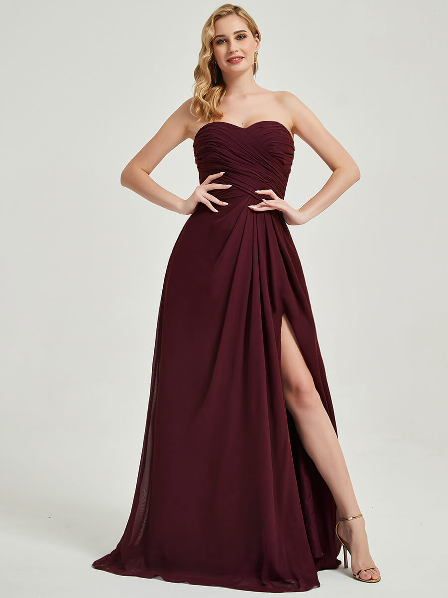 Abigail-Floor-Length Burgundy With Side Slits Bridesmaid Dress