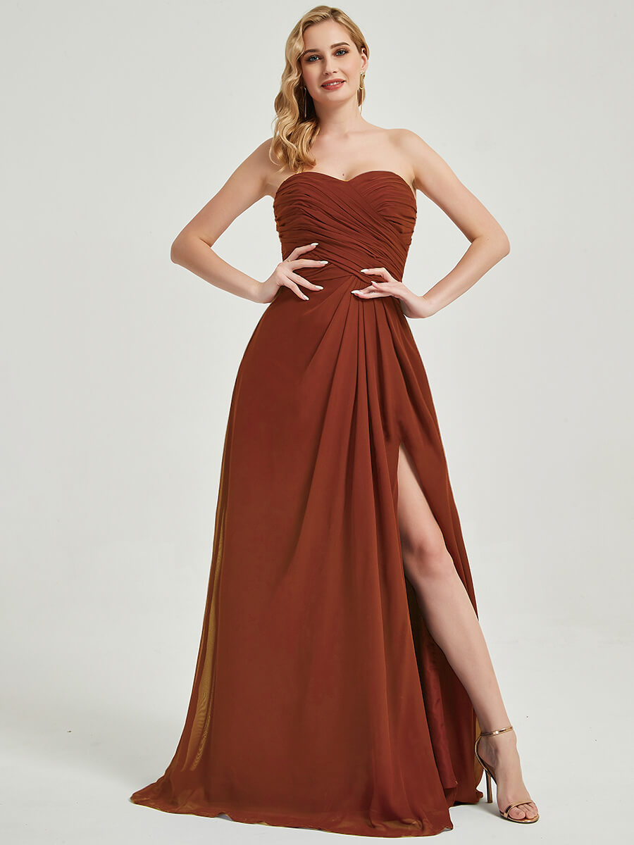 Abigail-Floor-Length Rusty Red  With Side Slits Bridesmaid Dress