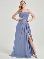 Abigail-Floor-Length Slate Blue  With Side Slits Bridesmaid Dress