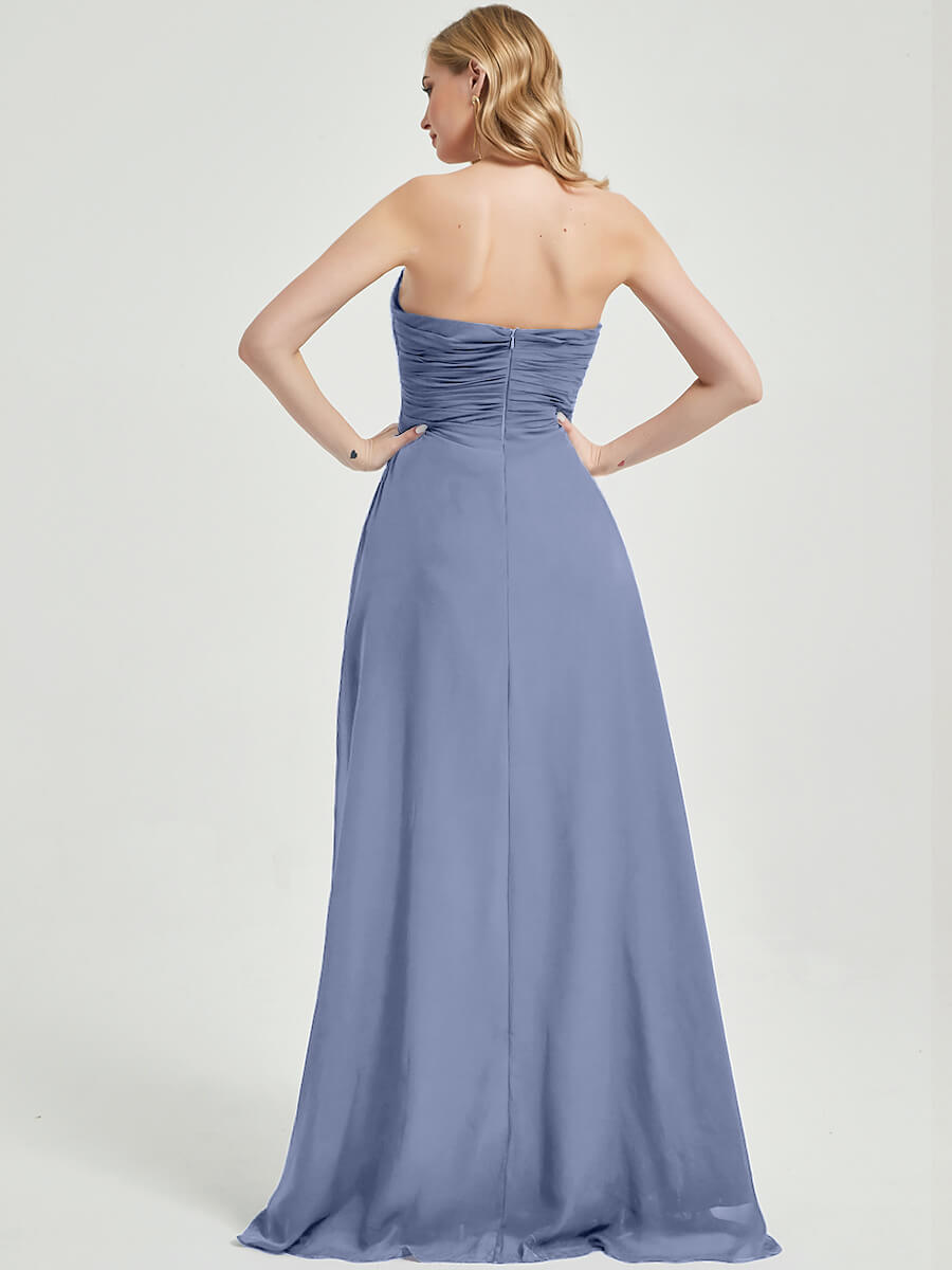 Abigail-Floor-Length Slate Blue  With Side Slits Bridesmaid Dress