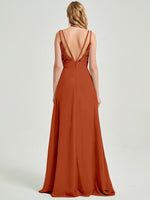 Burnt Orange Double Spaghetti Straps Slit Lace Chiffon Bridesmaid Dress - Thana