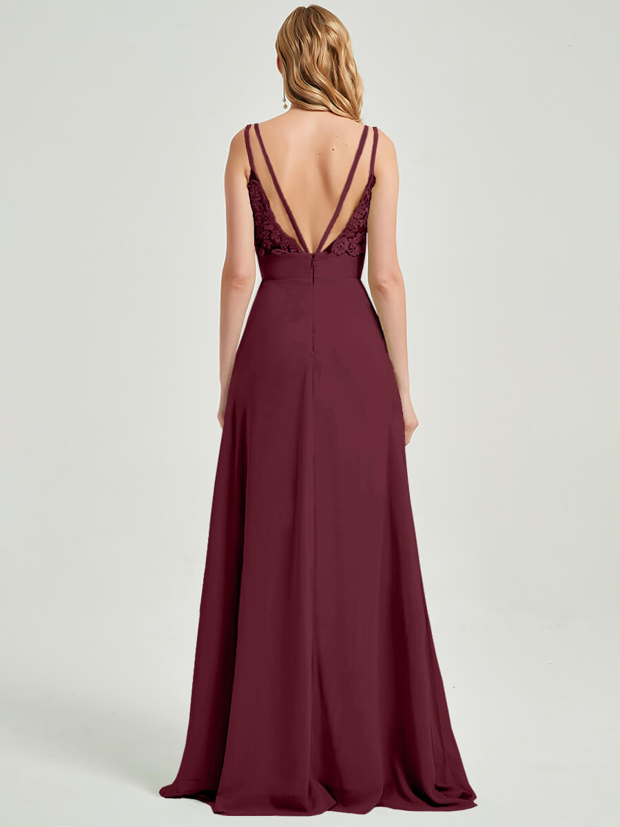 Double Spaghetti Straps Slit Lace Chiffon Bridesmaid Dress - Thana