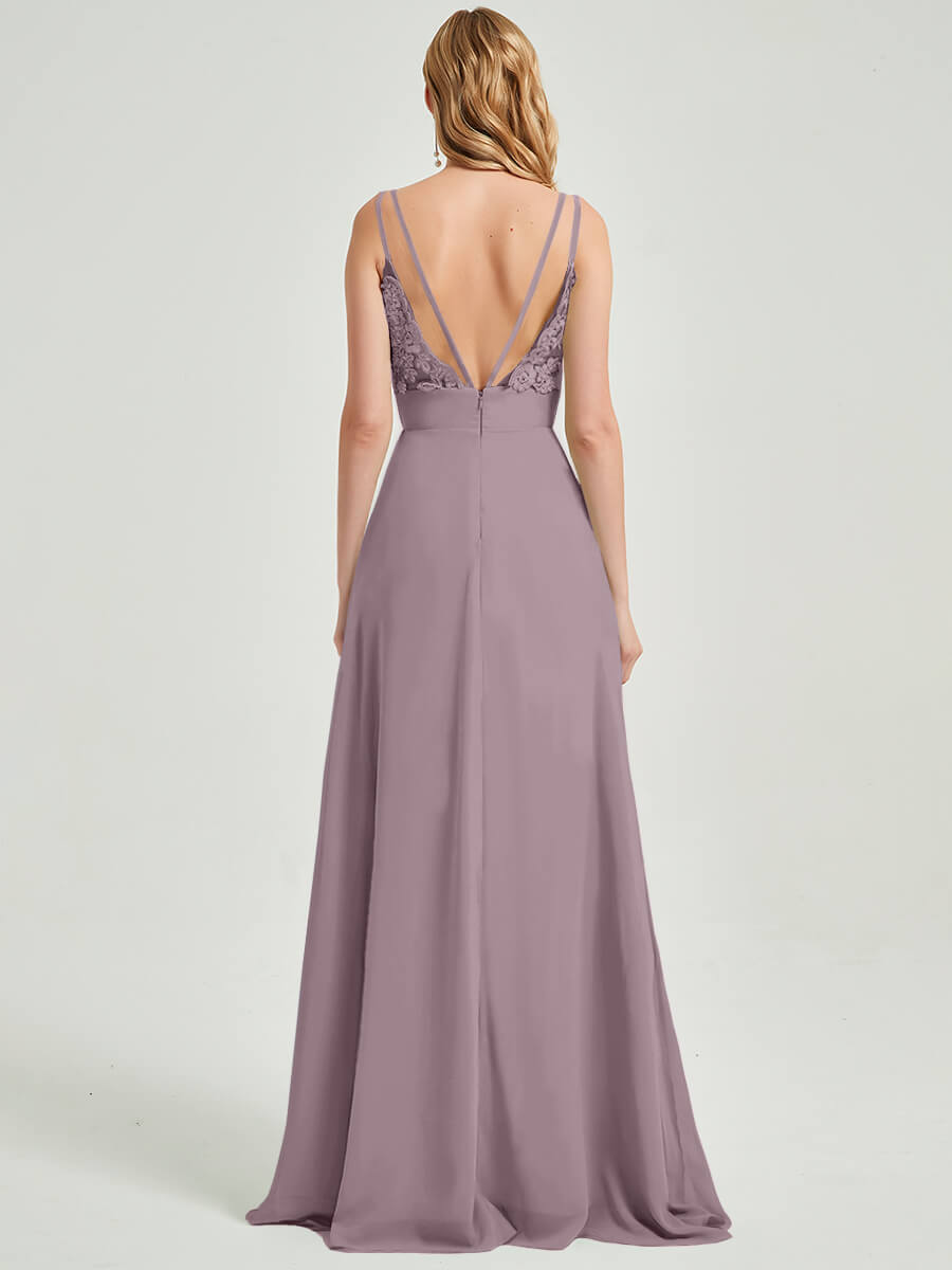Double Spaghetti Straps Slit Lace Chiffon Bridesmaid Dress - Thana